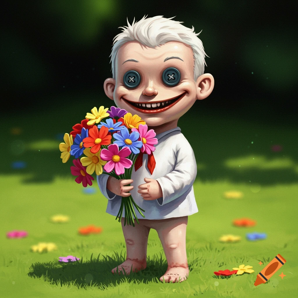 Creepy grinning boy with button eyes holds a colorful bouquet in a grassy field.