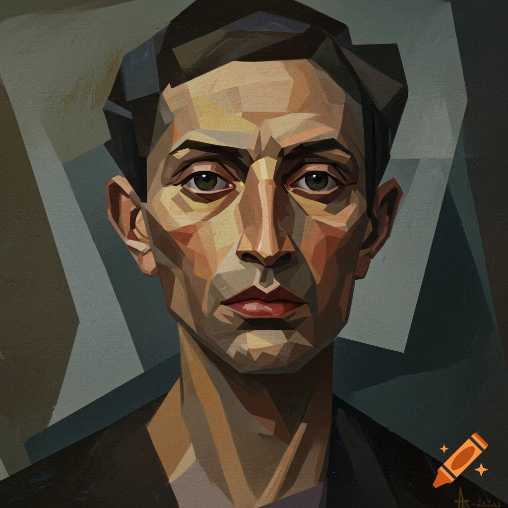 Cubist abstract portrait painting of a person in dark clothing