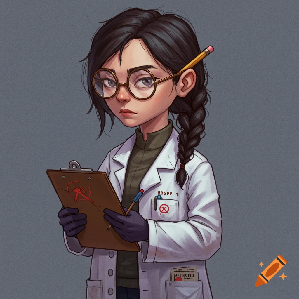 A stylized portrait of a serious young woman with glasses, a braid, and a lab coat holding a clipboard.