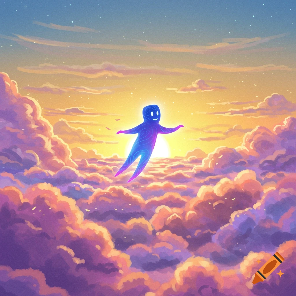 Stylized soul figure flying over pink and purple clouds at sunset.