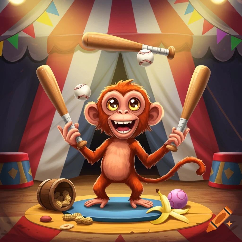 A cartoon monkey juggles baseball bats and balls on a stage in a circus tent.