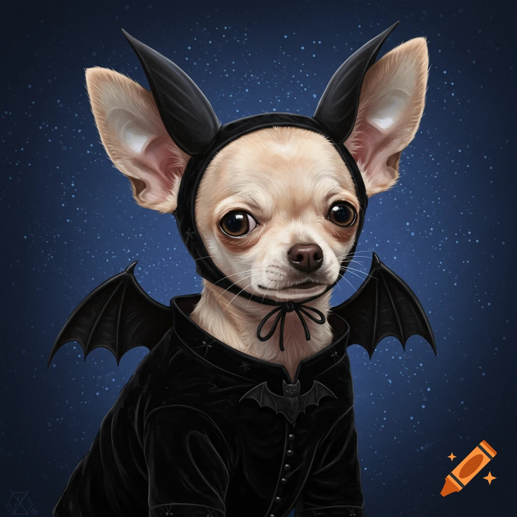 A Chihuahua dog wearing a black bat costume.