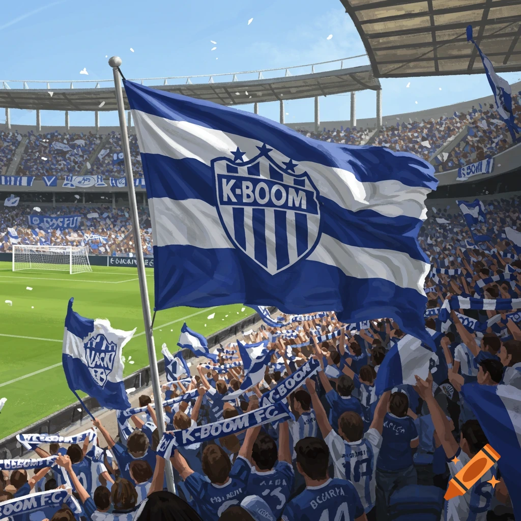Fans waving a large K-BOOM flag in a crowded soccer stadium.