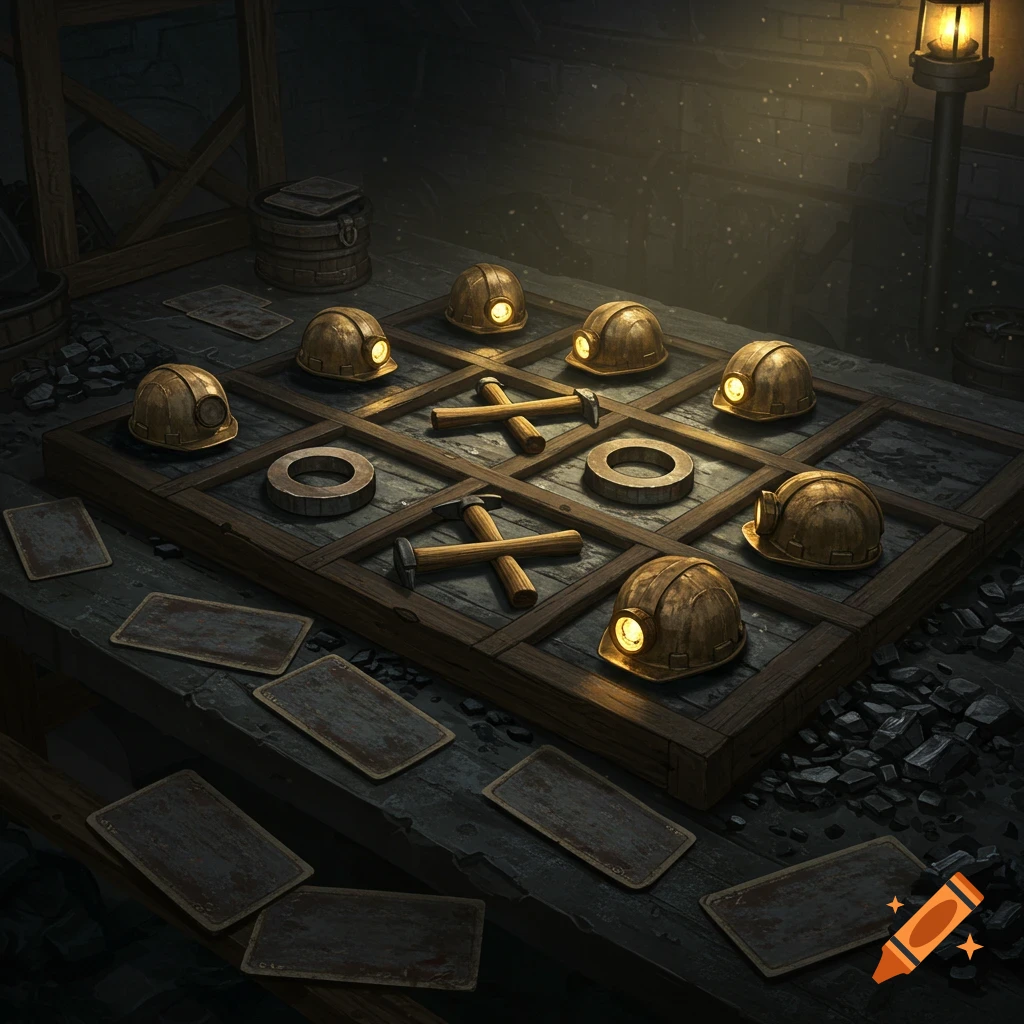 A tic tac toe game board using mining hard hats and crossed pickaxes as pieces, set in a dark mining environment with scattered cards.