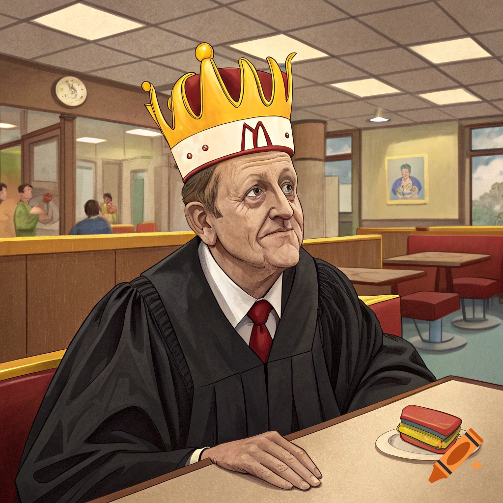 A judge in a robe and gold crown with an M sits in a restaurant booth.