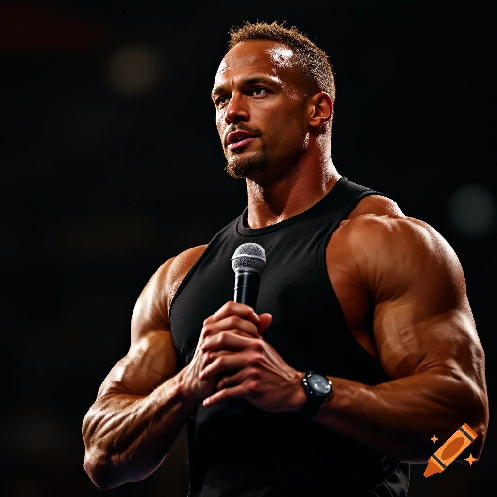 Muscular man speaking into a microphone