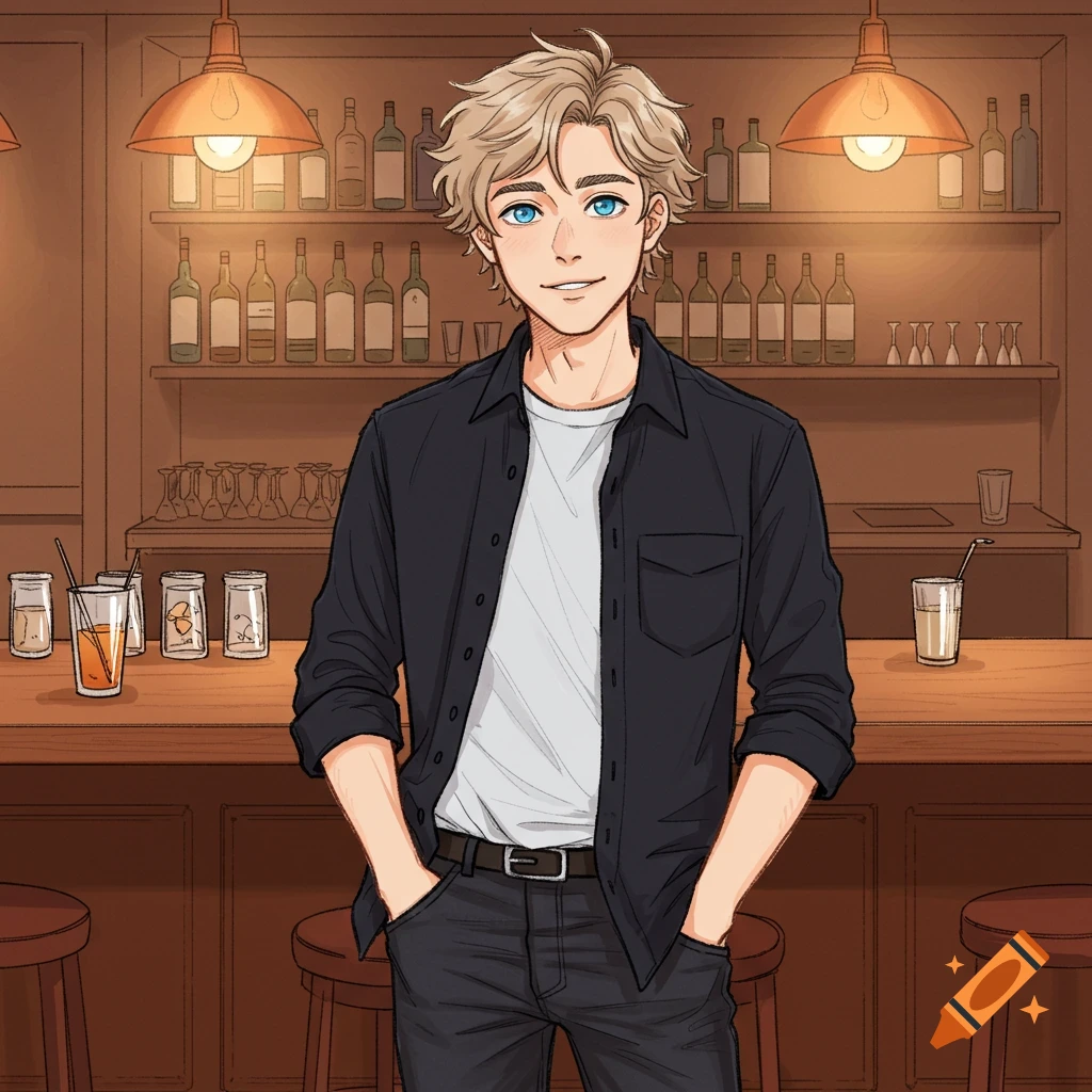 Anime-style portrait of a young man with blonde hair and blue eyes standing in a bar.