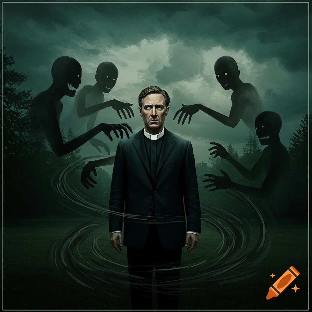 A preacher stands in a field surrounded by shadowy, grinning figures reaching for him.