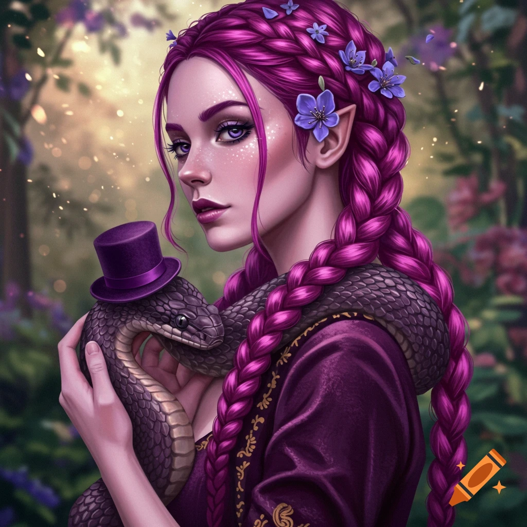 A fantasy woman with purple braided hair holds a snake wearing a purple top hat.
