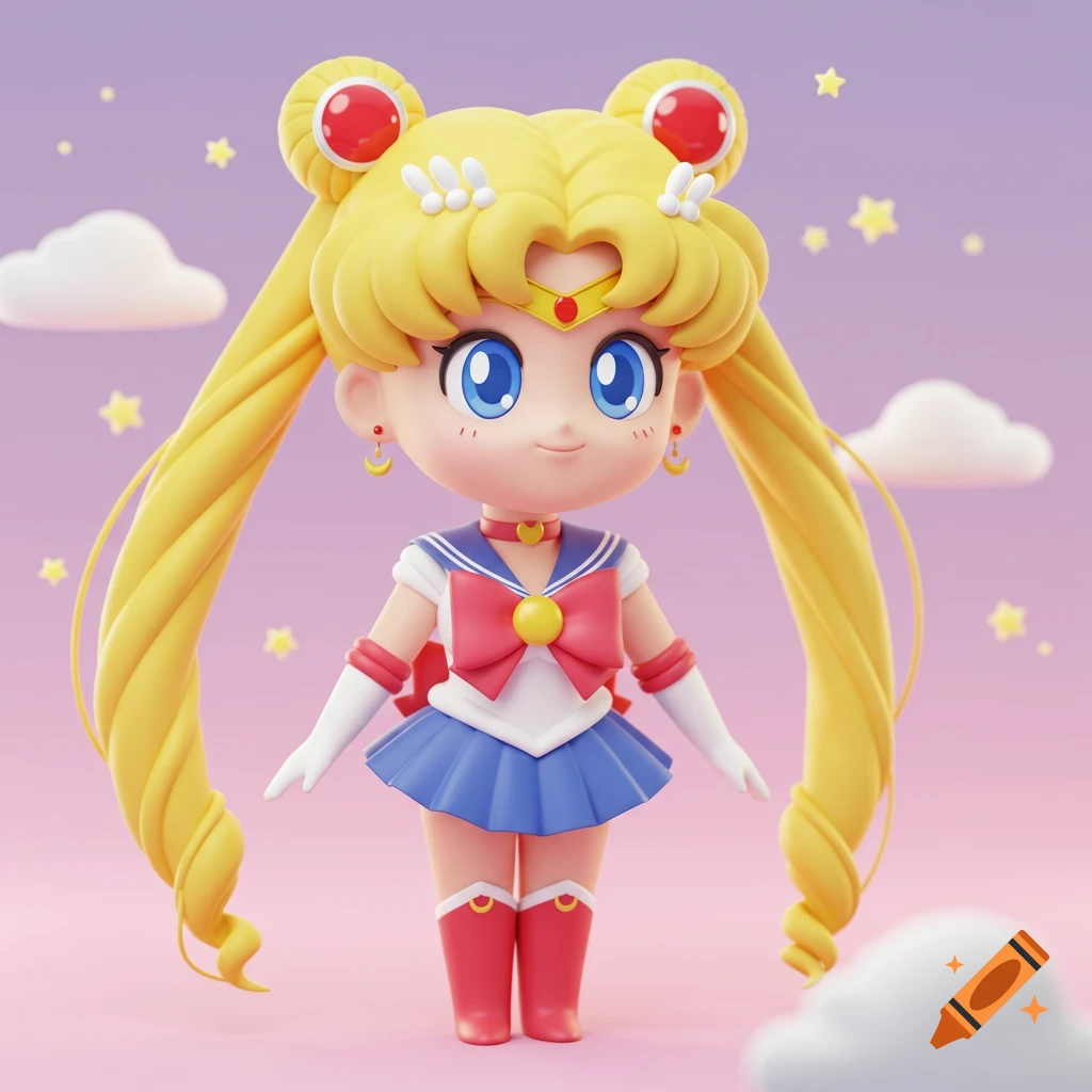 Chibi-style figure of Sailor Moon in a skirt and boots, against a sky background with clouds and stars.