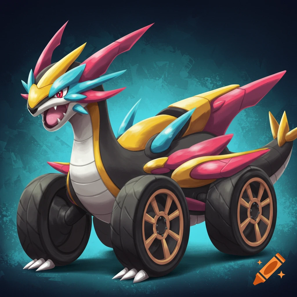 A stylized dragon-like creature on wheels, with yellow, black, pink, and blue colors.