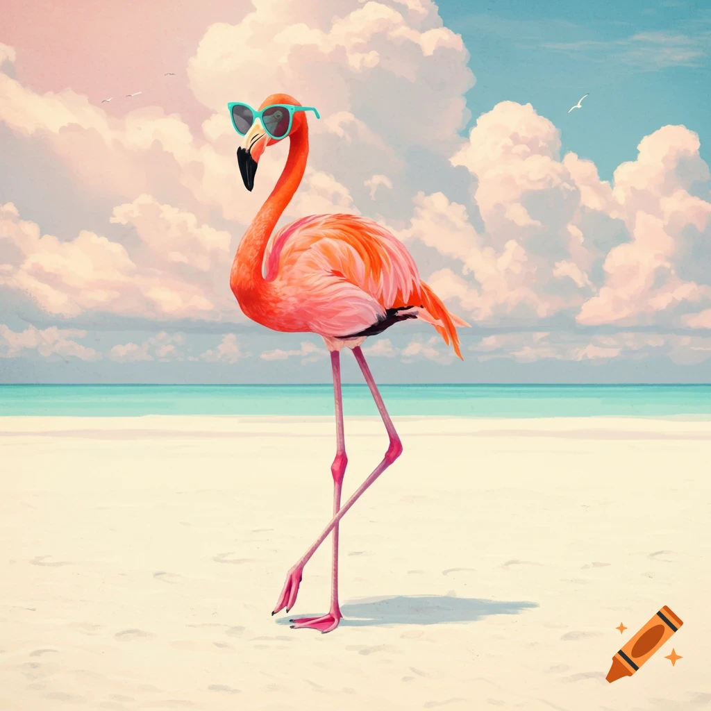 a flamingo wearing sunglasses on a beach.