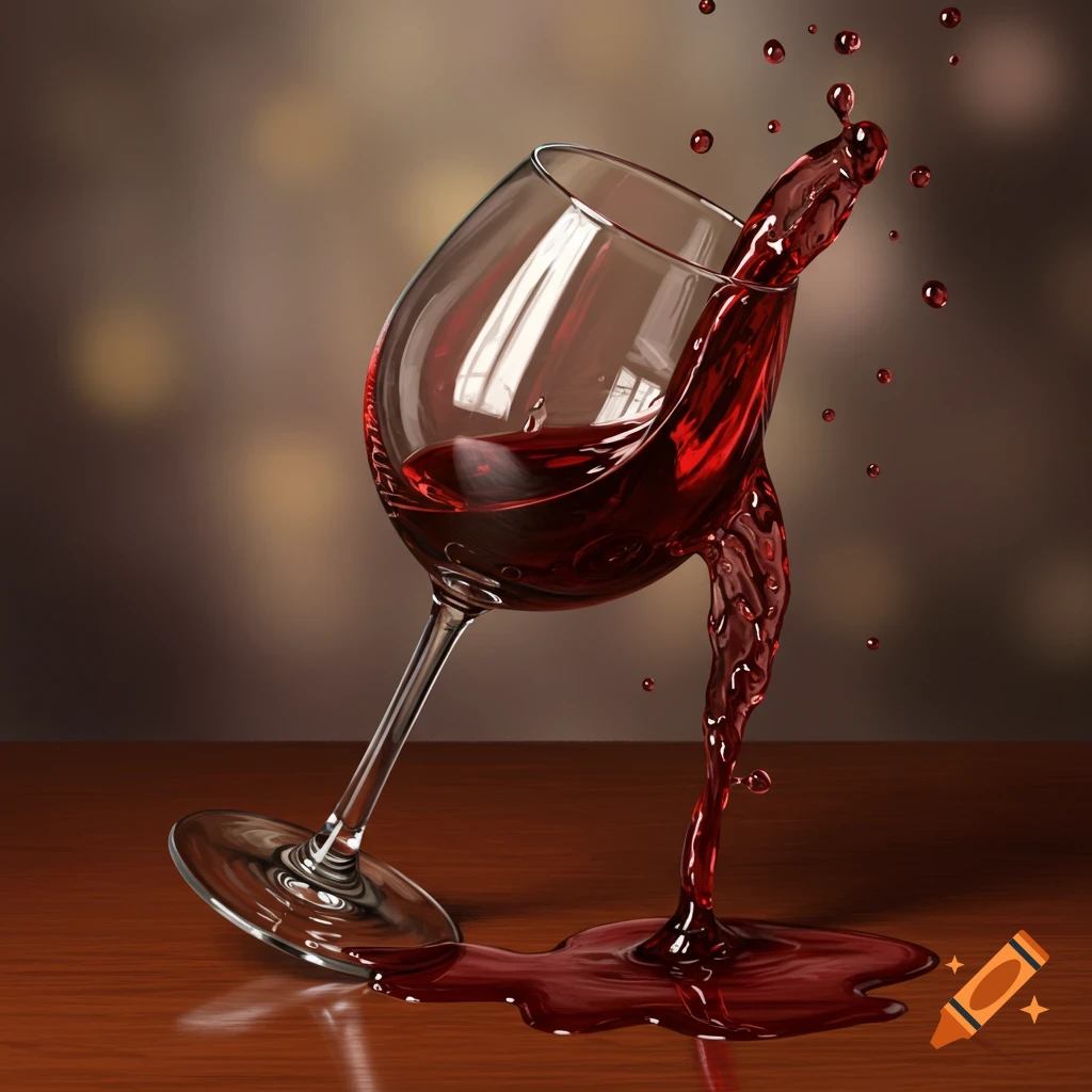 A tilted glass of red wine spilling onto a wooden table