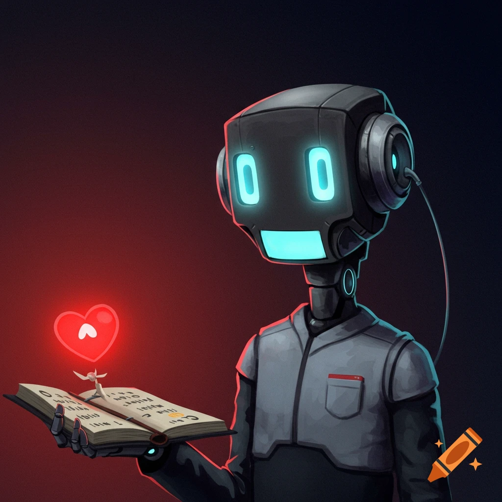 A robot holding a book with a glowing heart.