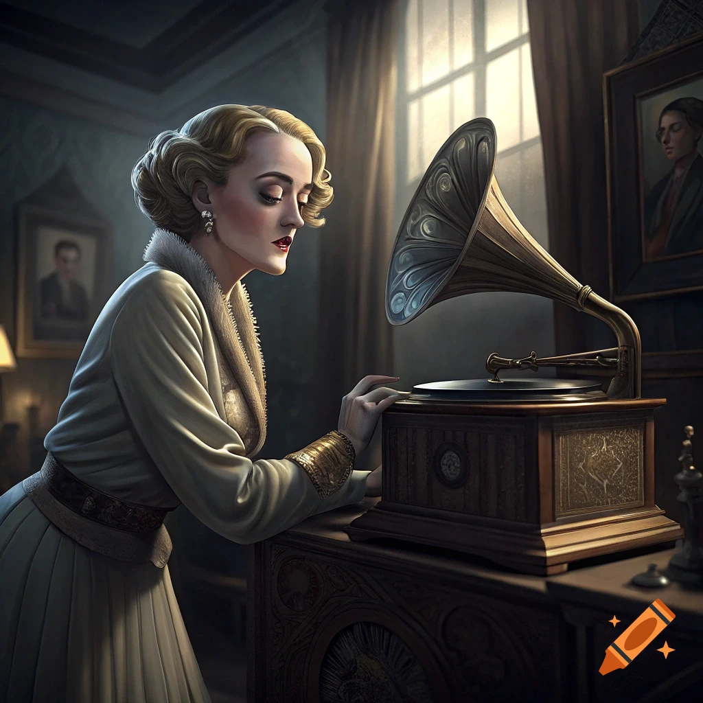 A woman in vintage clothing plays a gramophone in a dimly lit room.