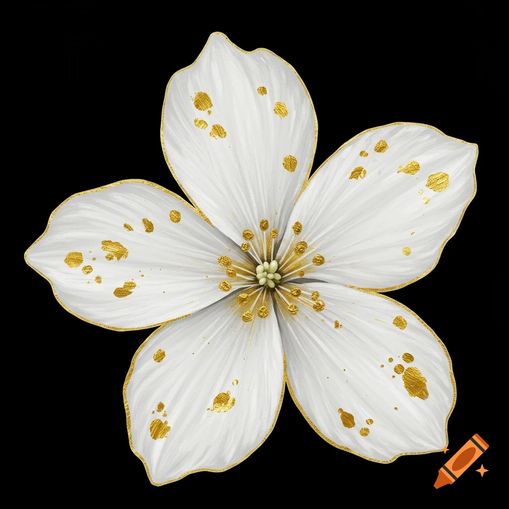 A white five-petal flower with gold specks on a black background.