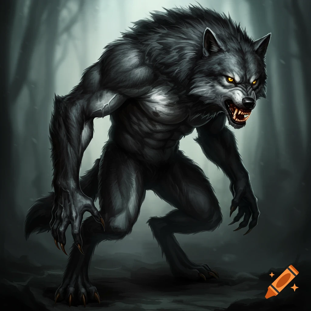 A snarling werewolf standing in a dark forest