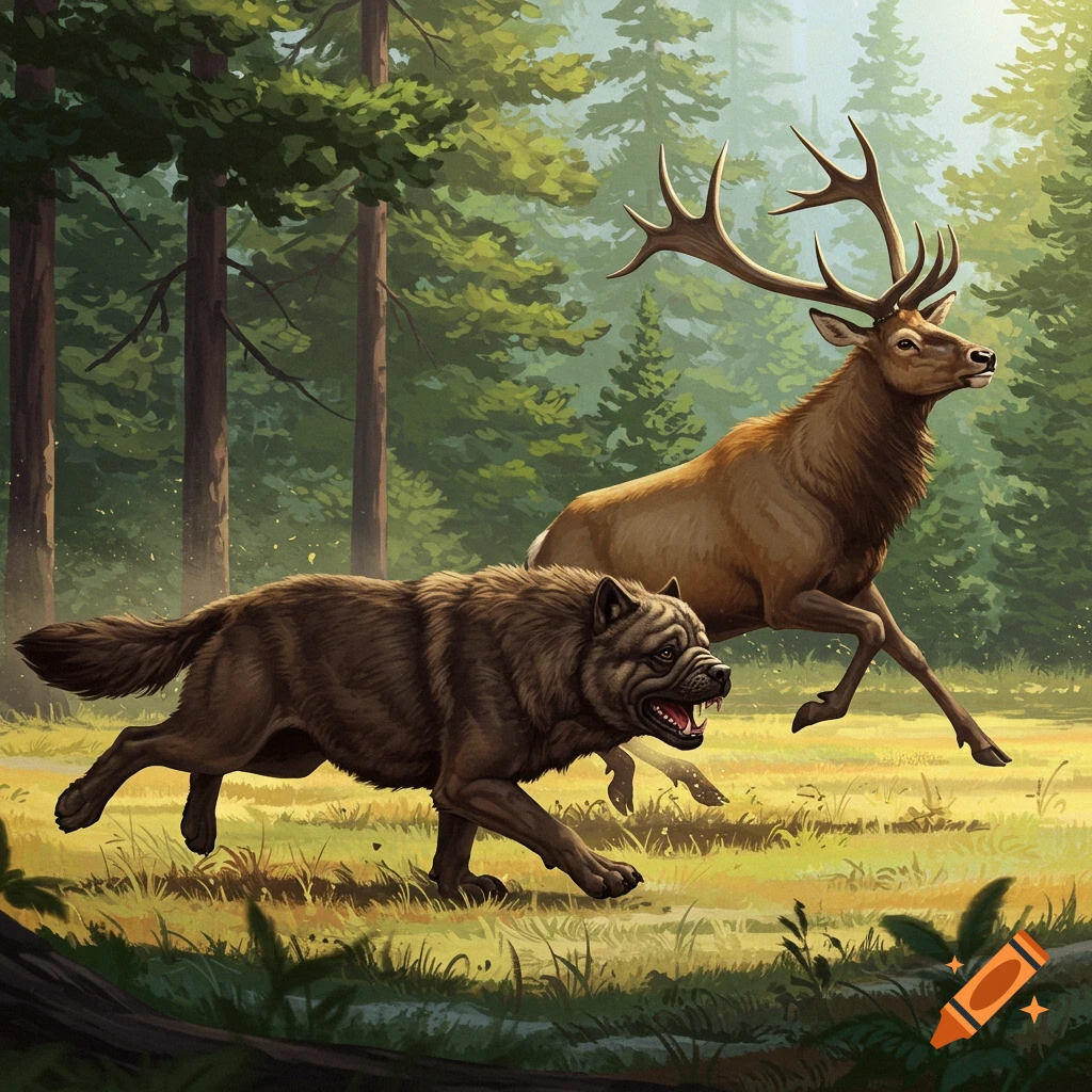 A prehistoric pug dire wolf chases an elk through a sunlit forest clearing.