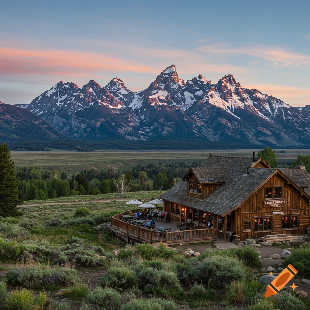 A log cabin restaurant with a deck overlooks snow-capped mountains in Grand Teton National Park at sunset.