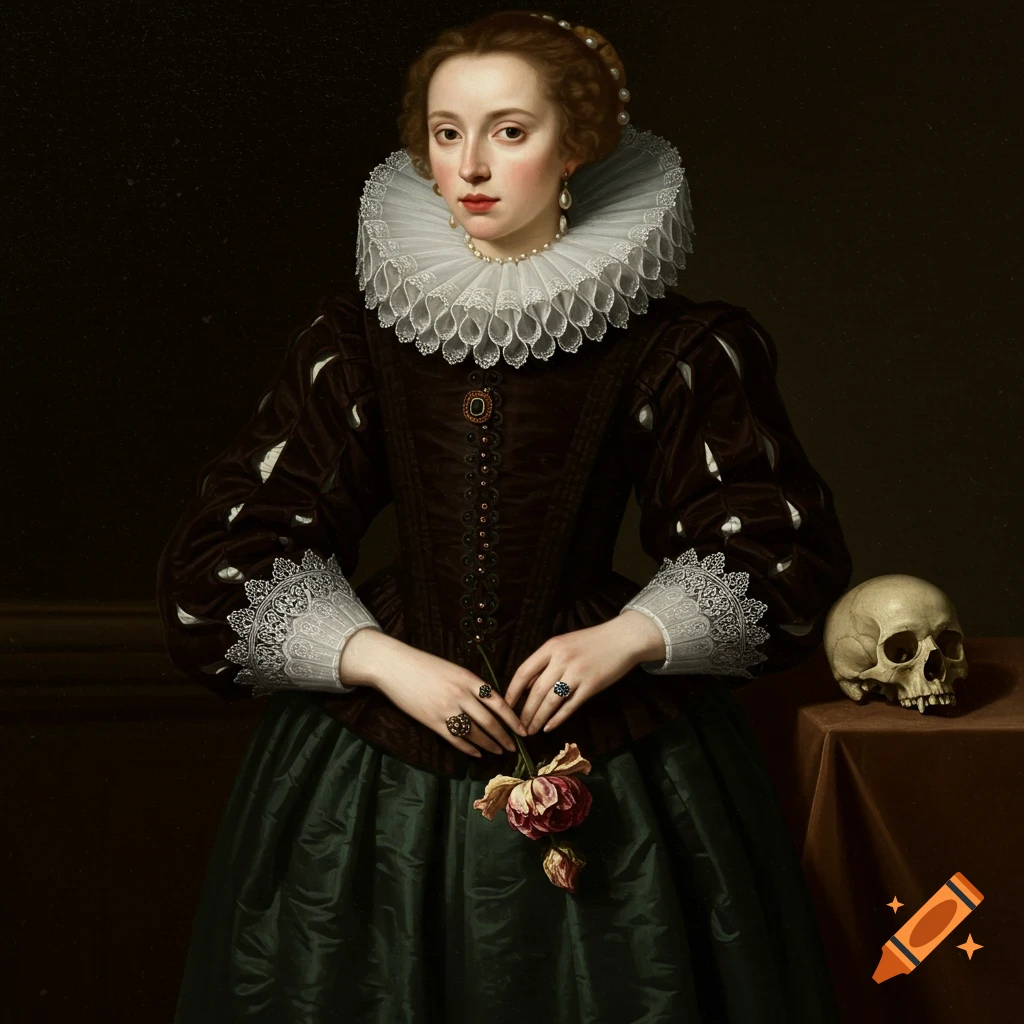 Portrait of a woman in historical dress with a ruff collar, holding a wilting flower, next to a skull, in a painting style.
