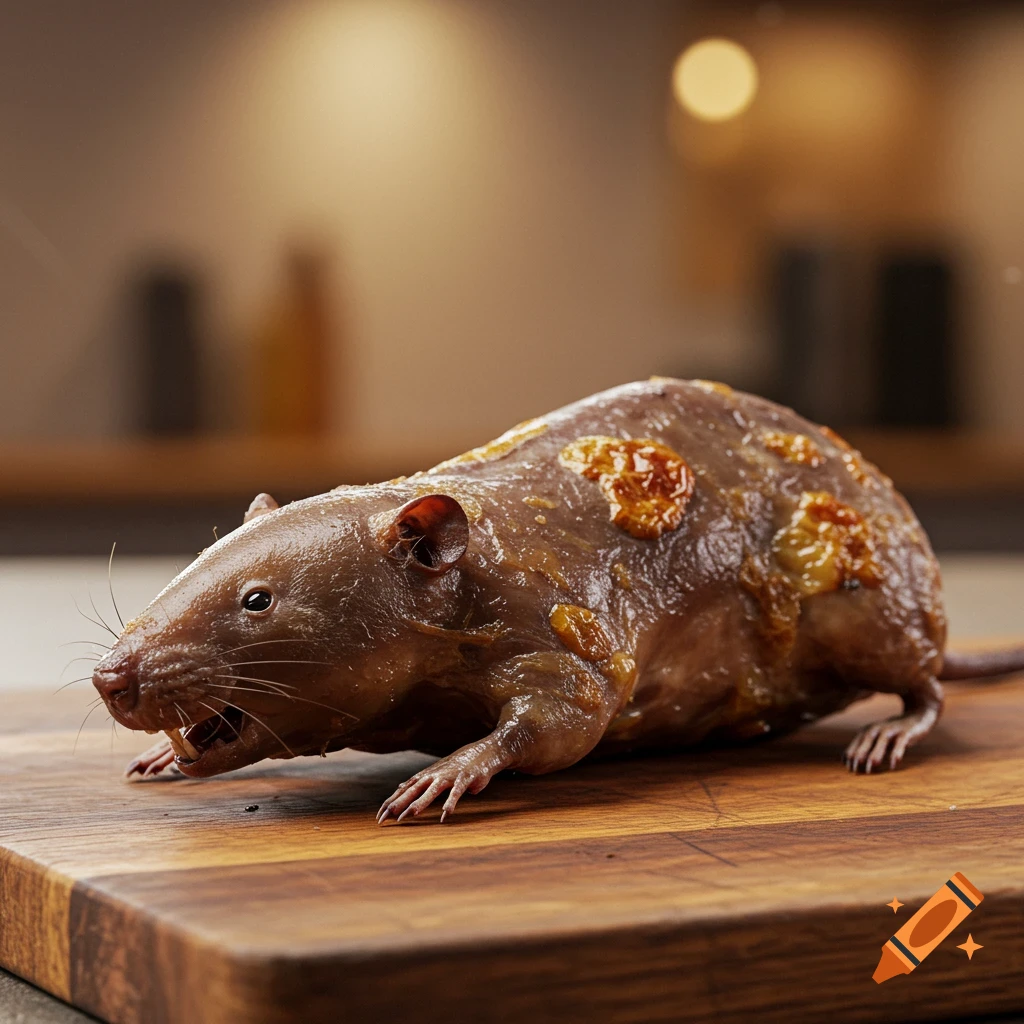 Photorealistic image of a baked rodent on a wooden cutting board.