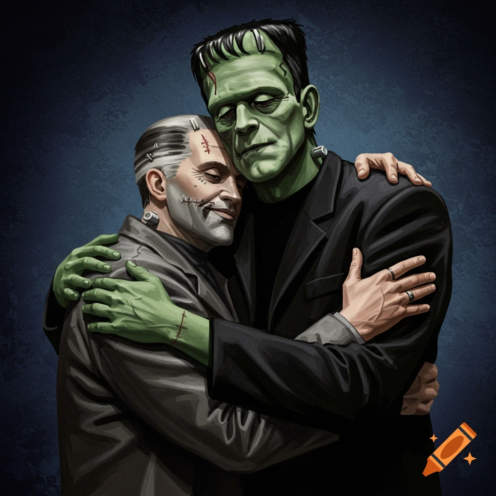 Frankenstein's monster and a human hugging as friends.