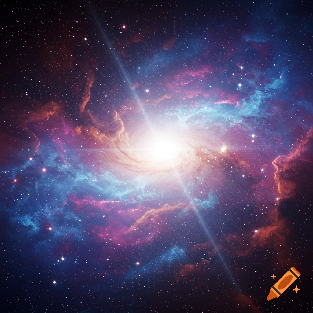 Bright central galaxy surrounded by colorful pink, blue, and red nebulas and stars.