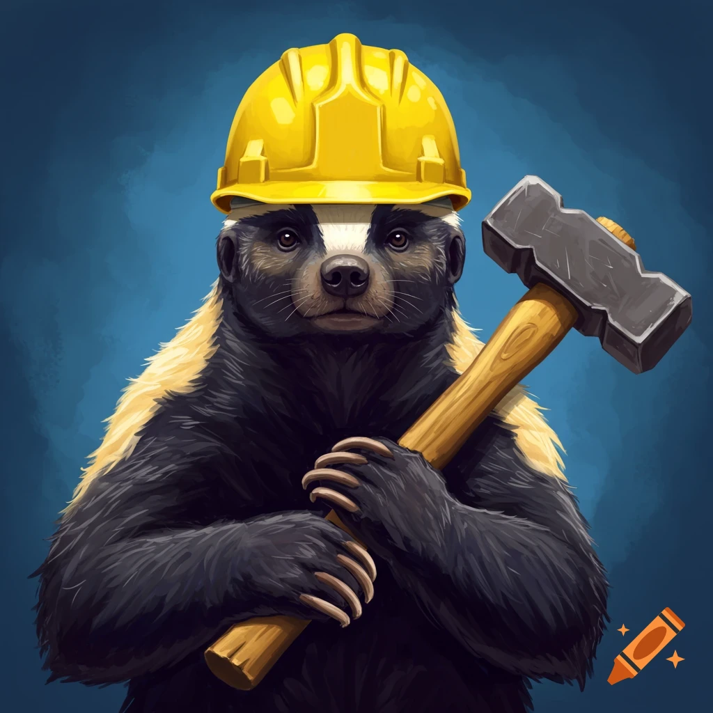 A cartoon honey badger wearing a yellow hard hat and holding a hammer