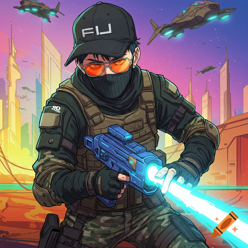 Anime soldier firing futuristic gun in a sci-fi city