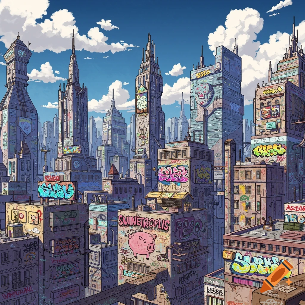 Urban skyline of a stylized city with detailed buildings covered in ...