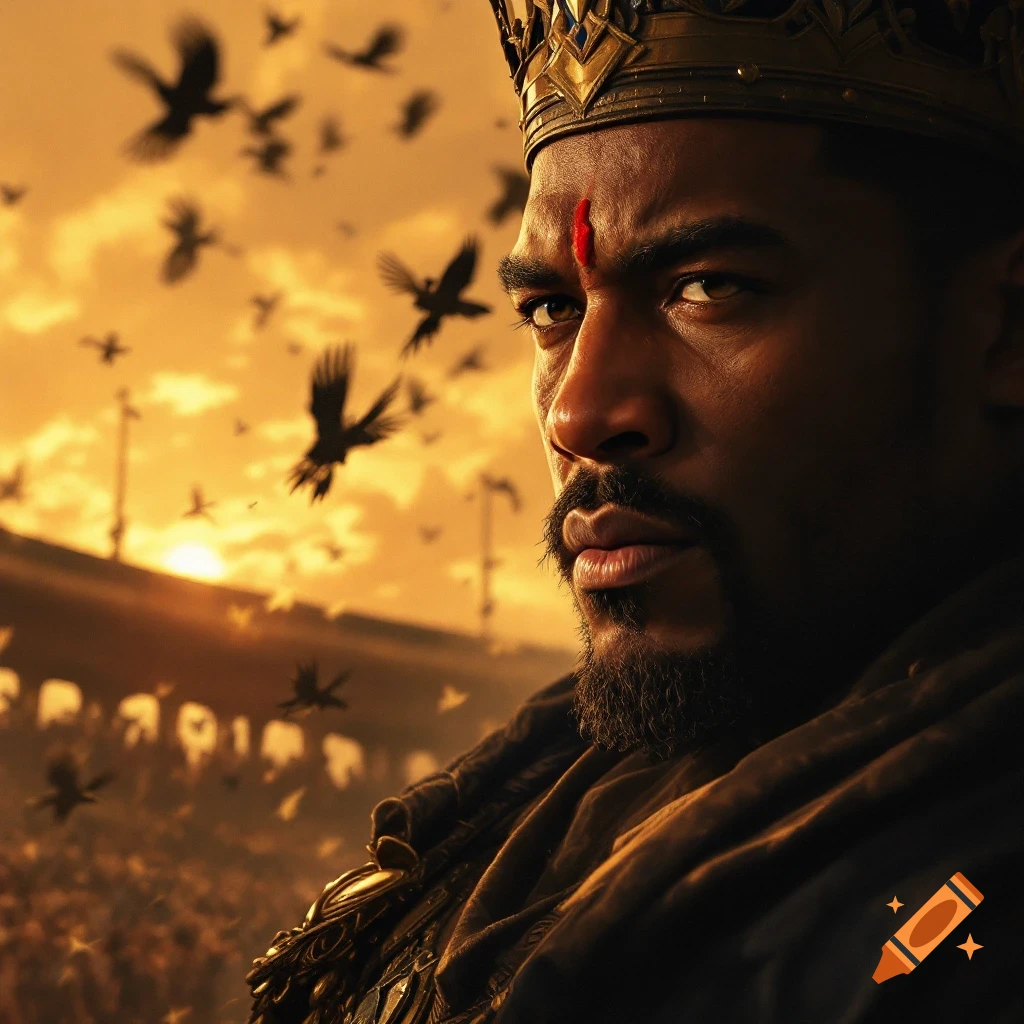Dramatic portrait of a man wearing a golden crown, with birds flying over a crowd in a sunlit arena.