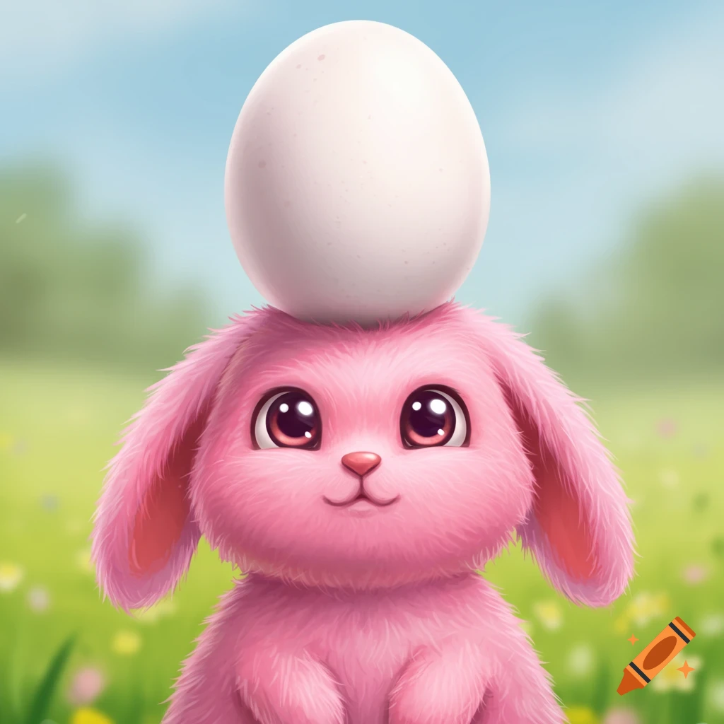 A fluffy pink bunny balancing an egg on its head in a field.