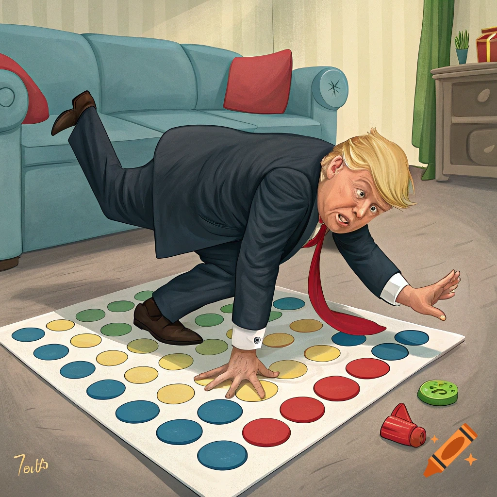 Illustration of Donald Trump contorted on a Twister mat