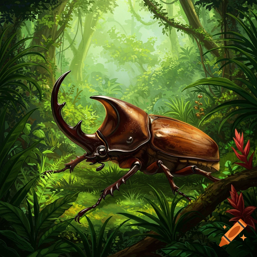 A brown rhinoceros beetle with a prominent horn is perched on a branch within a vibrant green rainforest.