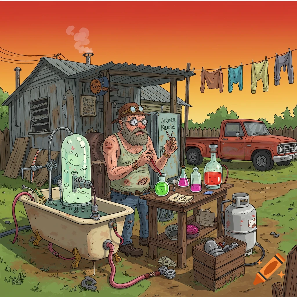 Cartoon of an old man doing alchemy with a bathtub, glass beakers, and a strange apparatus outside a shack.