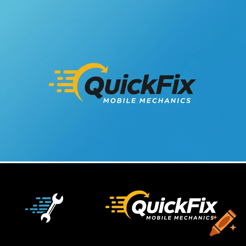Two versions of a logo for QuickFix Mobile Mechanics featuring text, an arrow, and speed lines, one on blue, one on black.