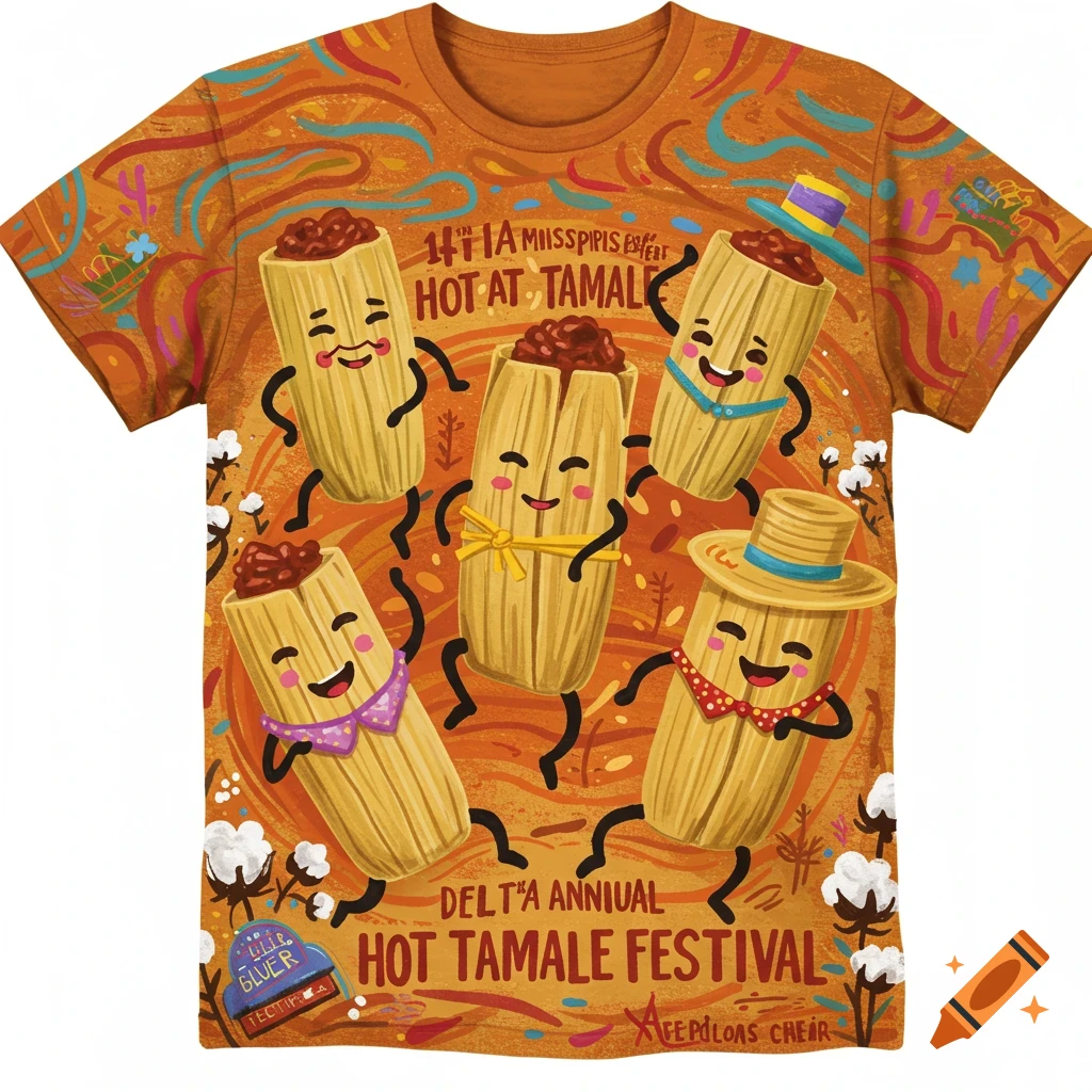 T-shirt design with dancing tamales and festive swirls on an orange background.