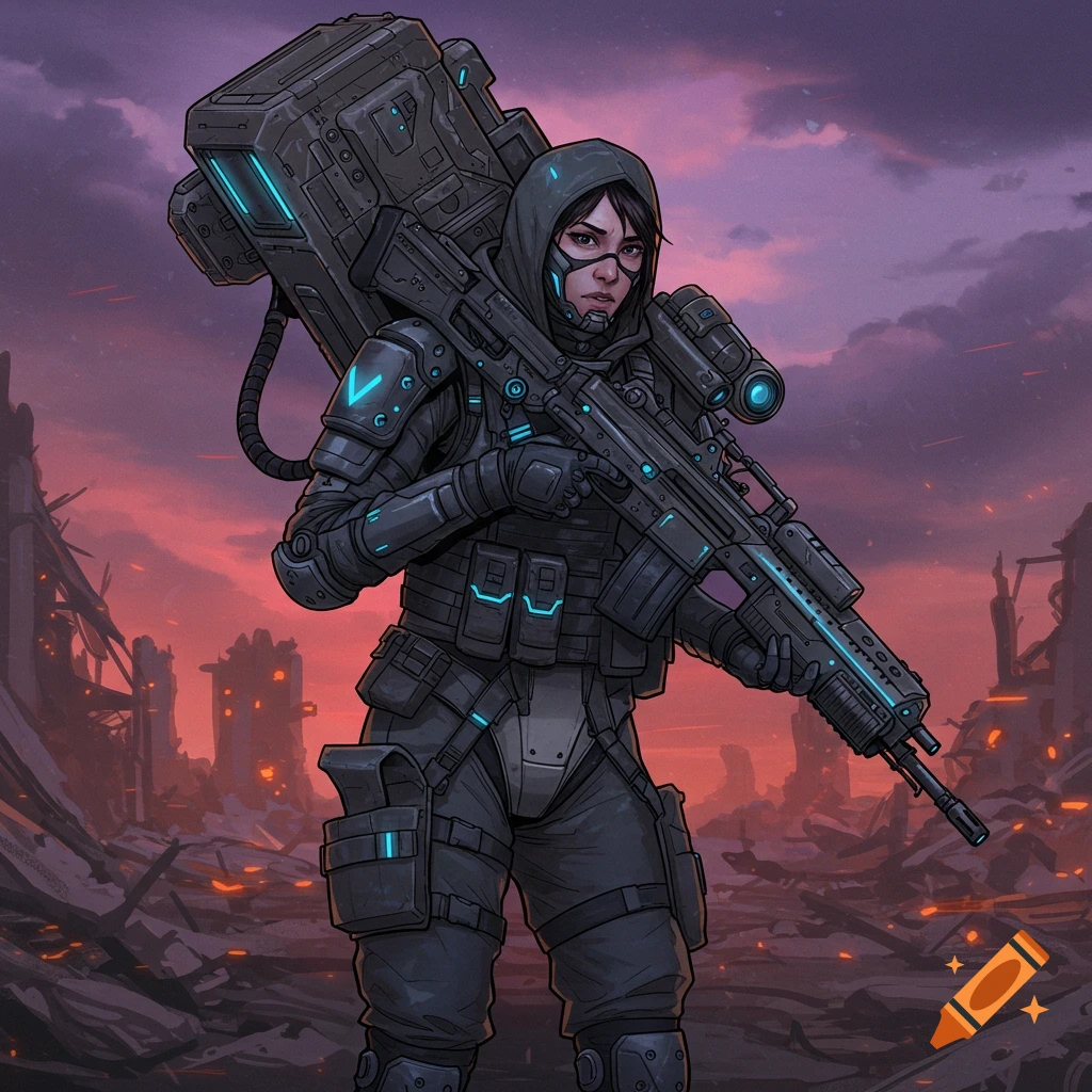 Digital illustration of a female soldier in futuristic armor with a large weapon and backpack, standing in a ruined city.
