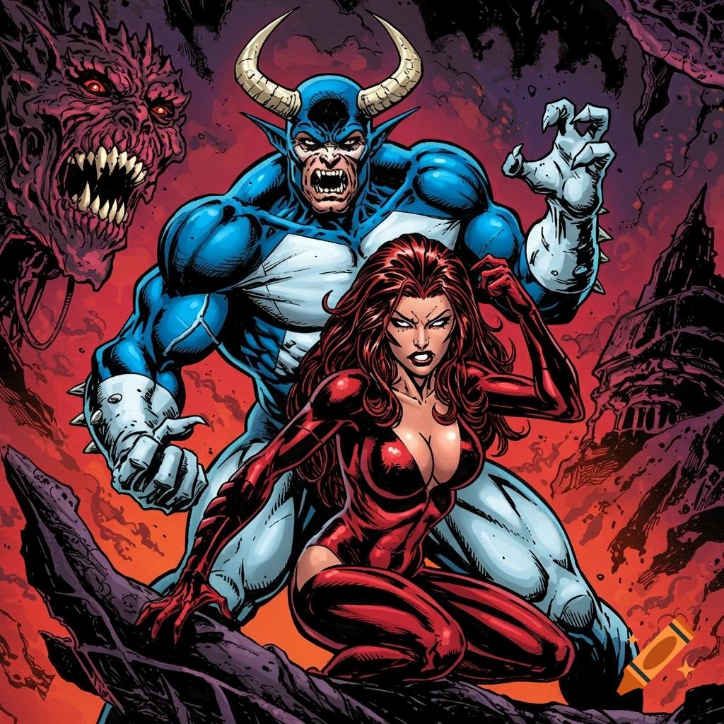 A blue horned man and a woman in red pose in a comic book style illustration with a monster in a fiery background.