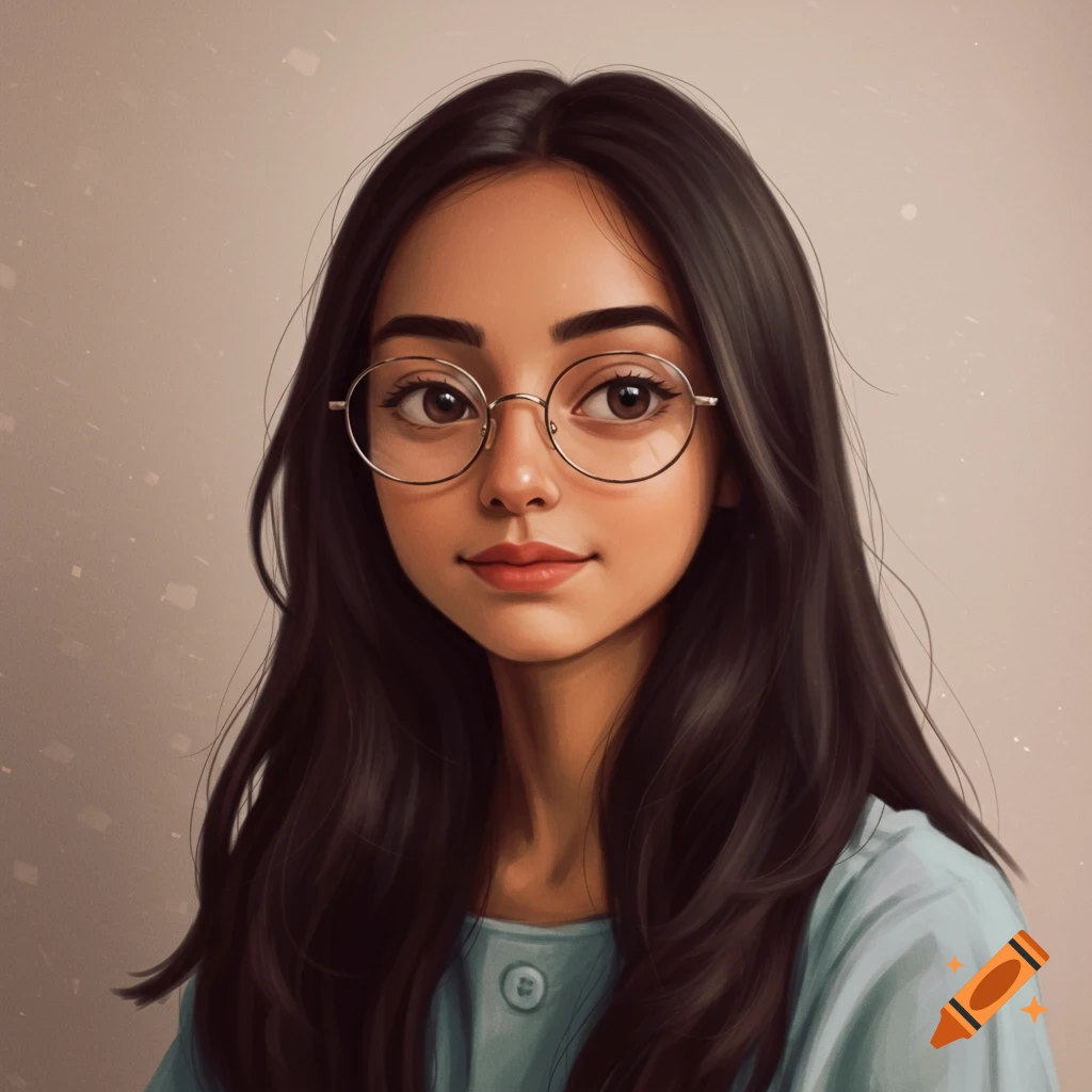 A girl with long dark hair and glasses wearing a blue shirt.