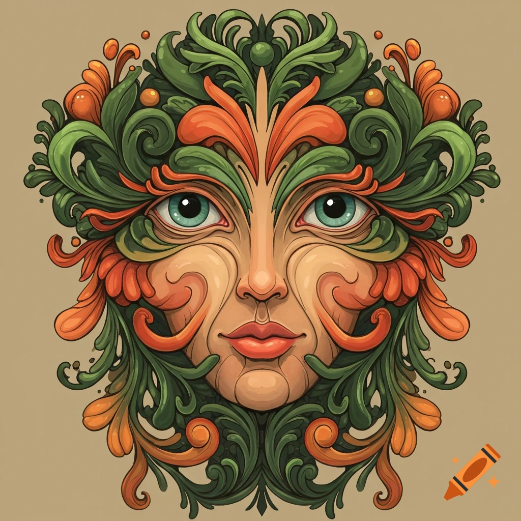 A stylized face made of green leaves and orange flowers.