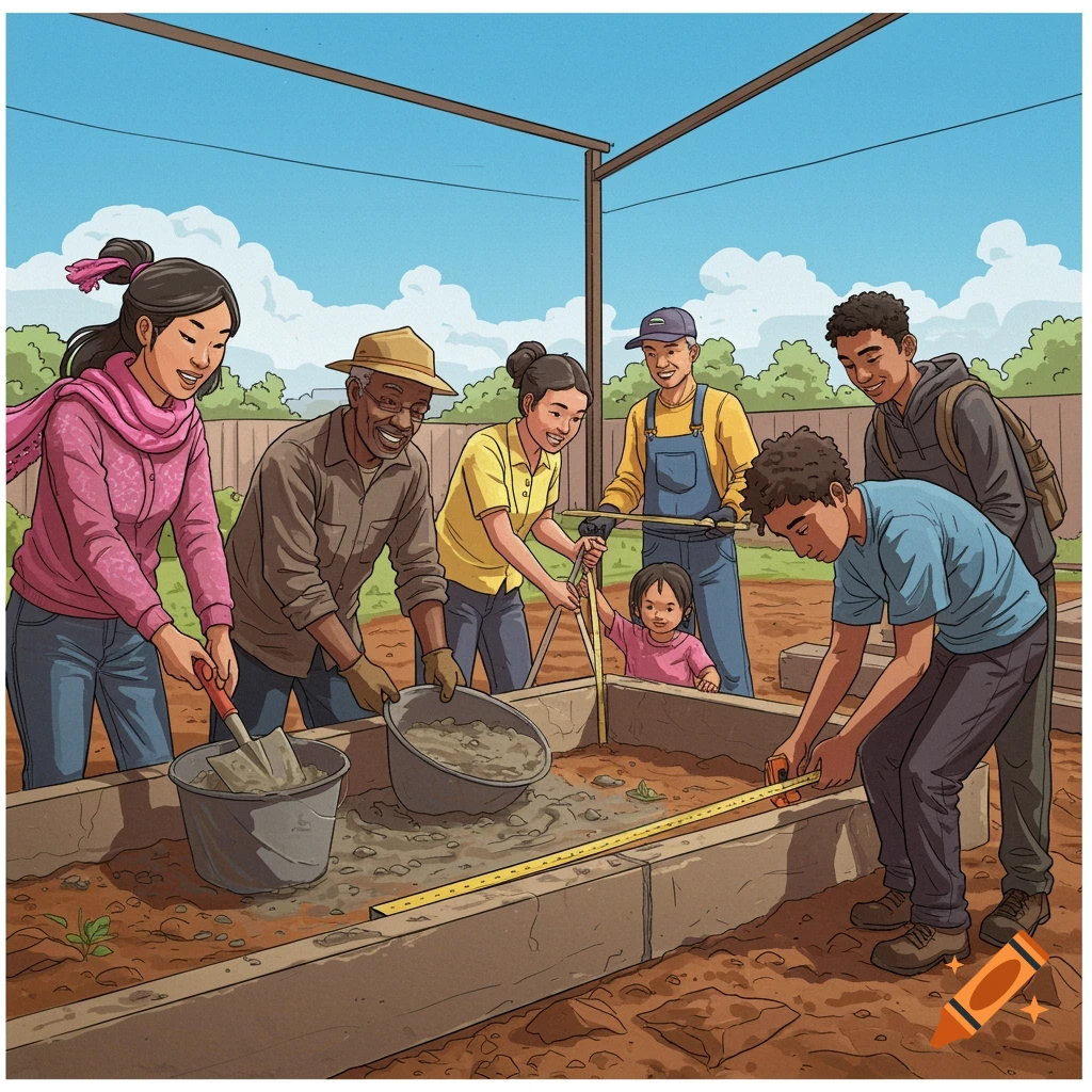 Illustration of a diverse community group building a raised garden bed outdoors under a sunny sky.