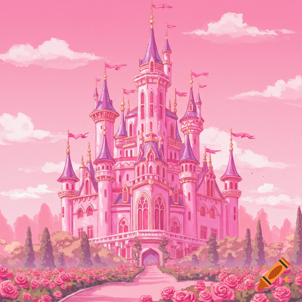 A pink fantasy castle with purple roofs and banners stands among gardens of pink roses under a pink sky.