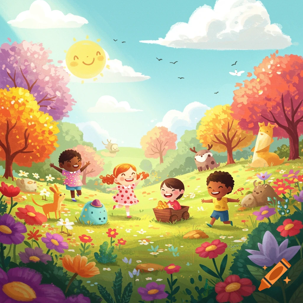 A whimsical children's book illustration shows diverse children playing in a vibrant meadow with colorful flowers and cartoonish animals under a smiling sun.
