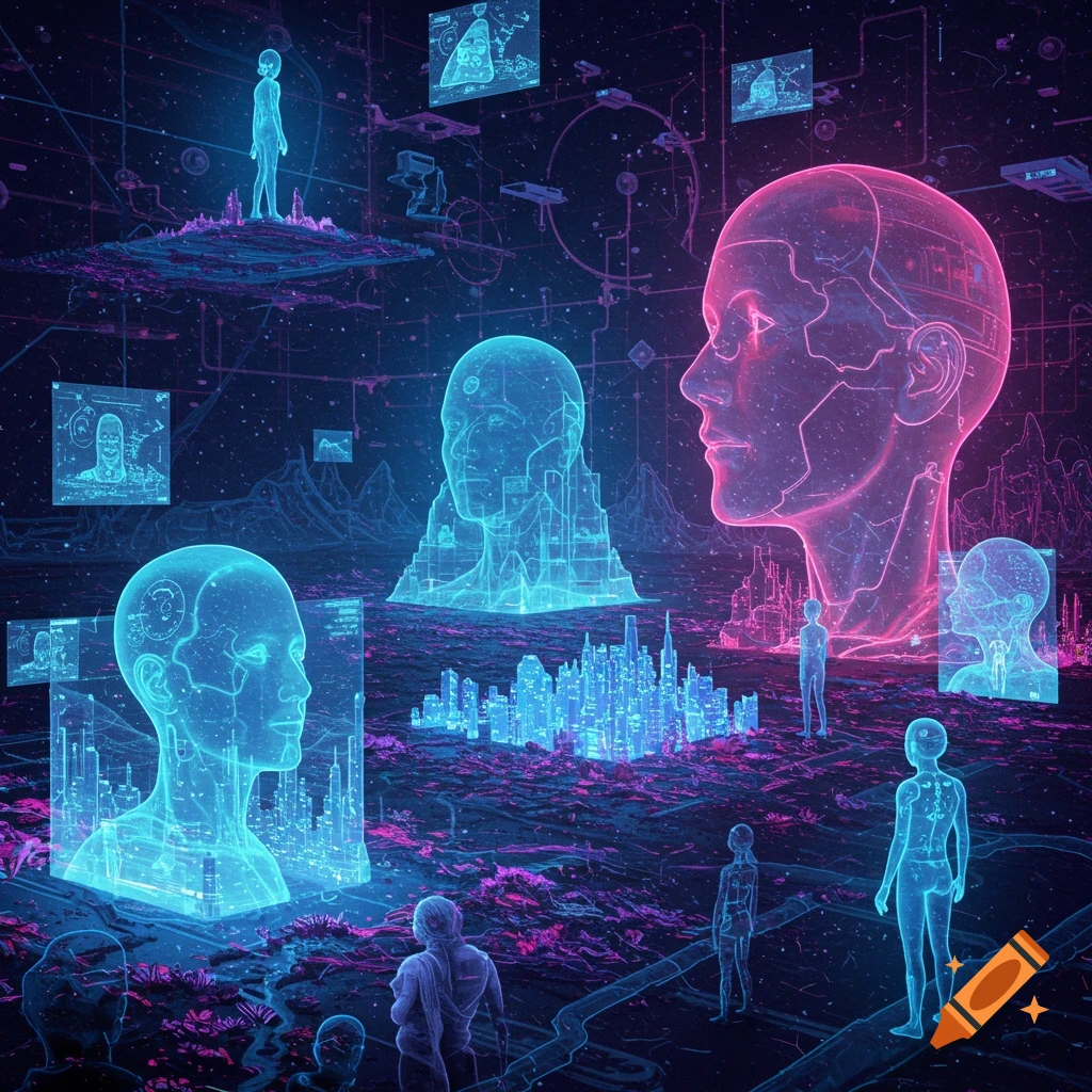 Digital art of holographic figures and futuristic cities in a cybernetic world