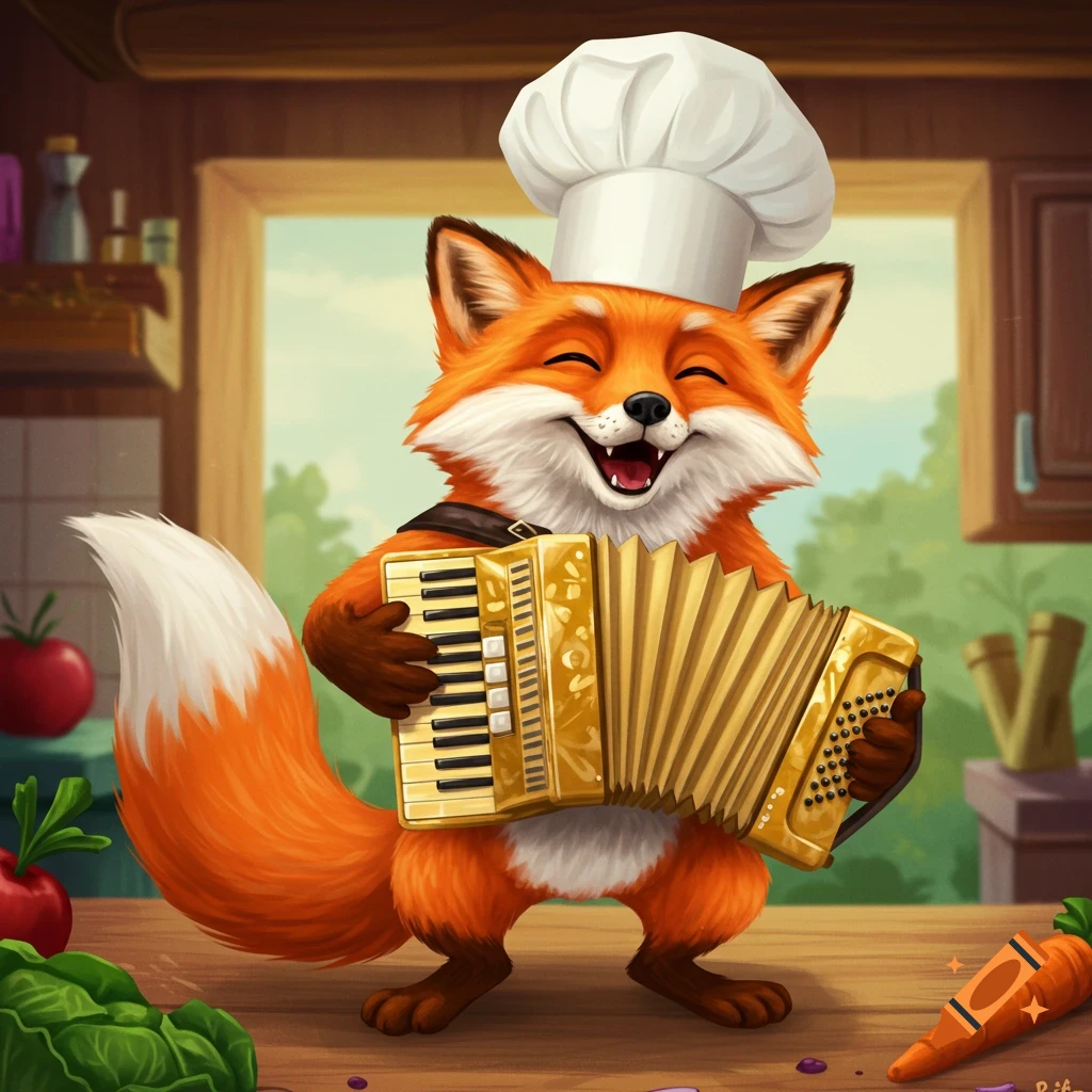 Cartoon of a happy fox in a chef hat playing a golden accordion on a kitchen counter with vegetables