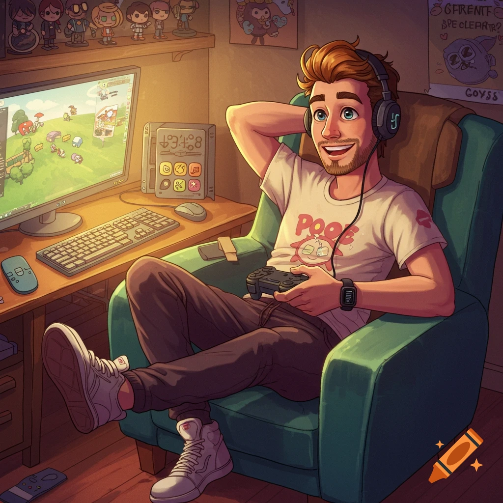 A casual gamer sitting in a chair with headphones, playing a video game on a monitor.