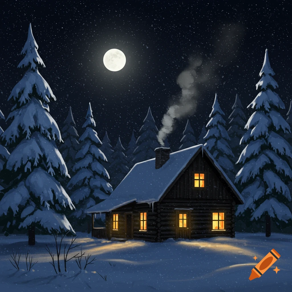 A cozy cabin in a snowy forest at night under a full moon