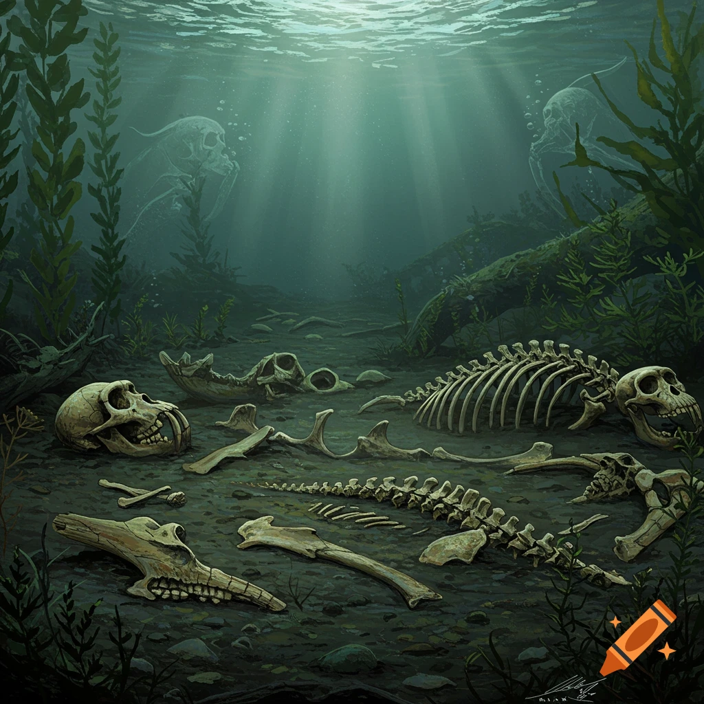 Skeletons and bones on an underwater seabed.