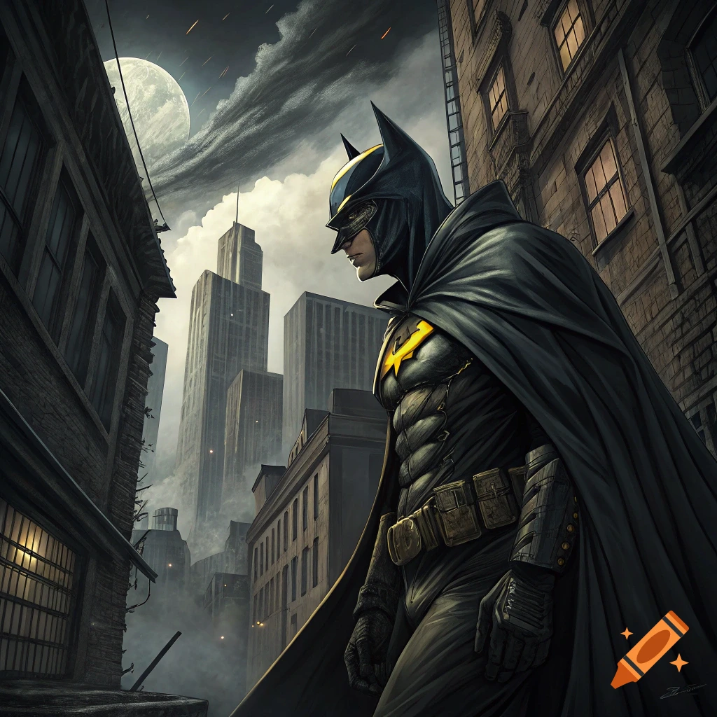 Superhero resembling Batman in a dark city alleyway at night, illustration style.